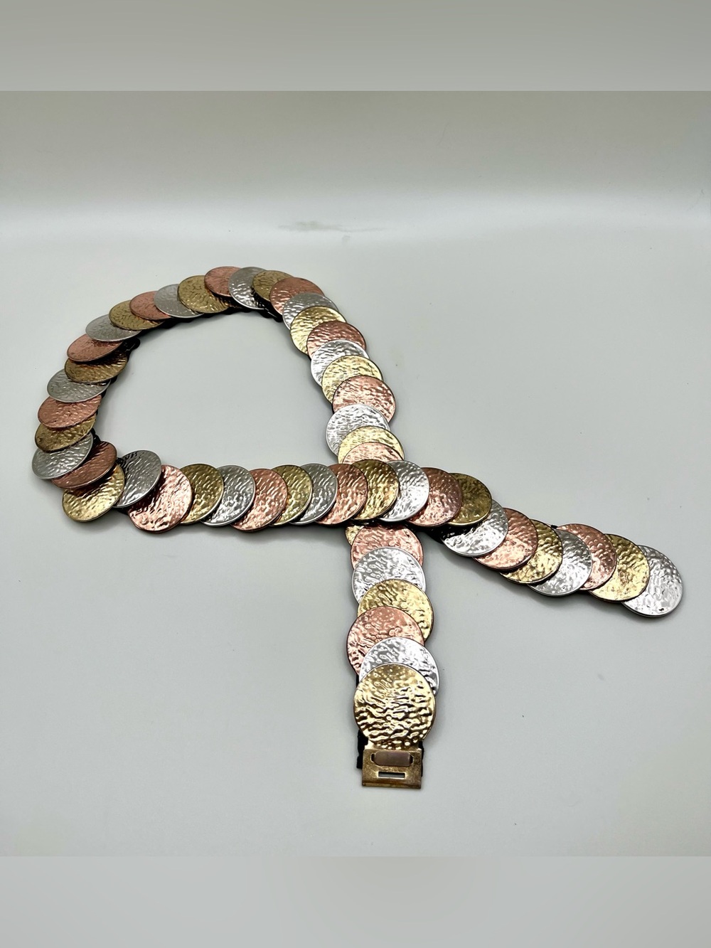 VTG 80s Mixed Metal Hammered Disc Coin Waist Belt Boho Elastic Stretch Gypsy 31”